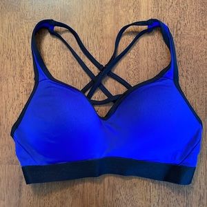 La SENZA Sports Bra Pullover Back Closure Strappy Blue/Black EUC Size SMALL